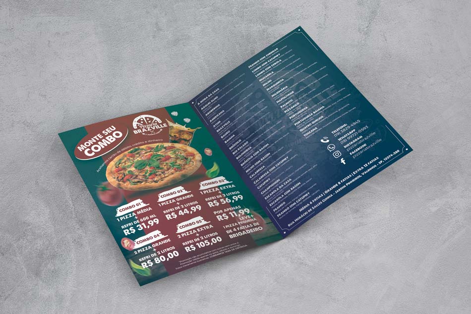 Criação de arte para cardápio para pizzaria com tabela de preços